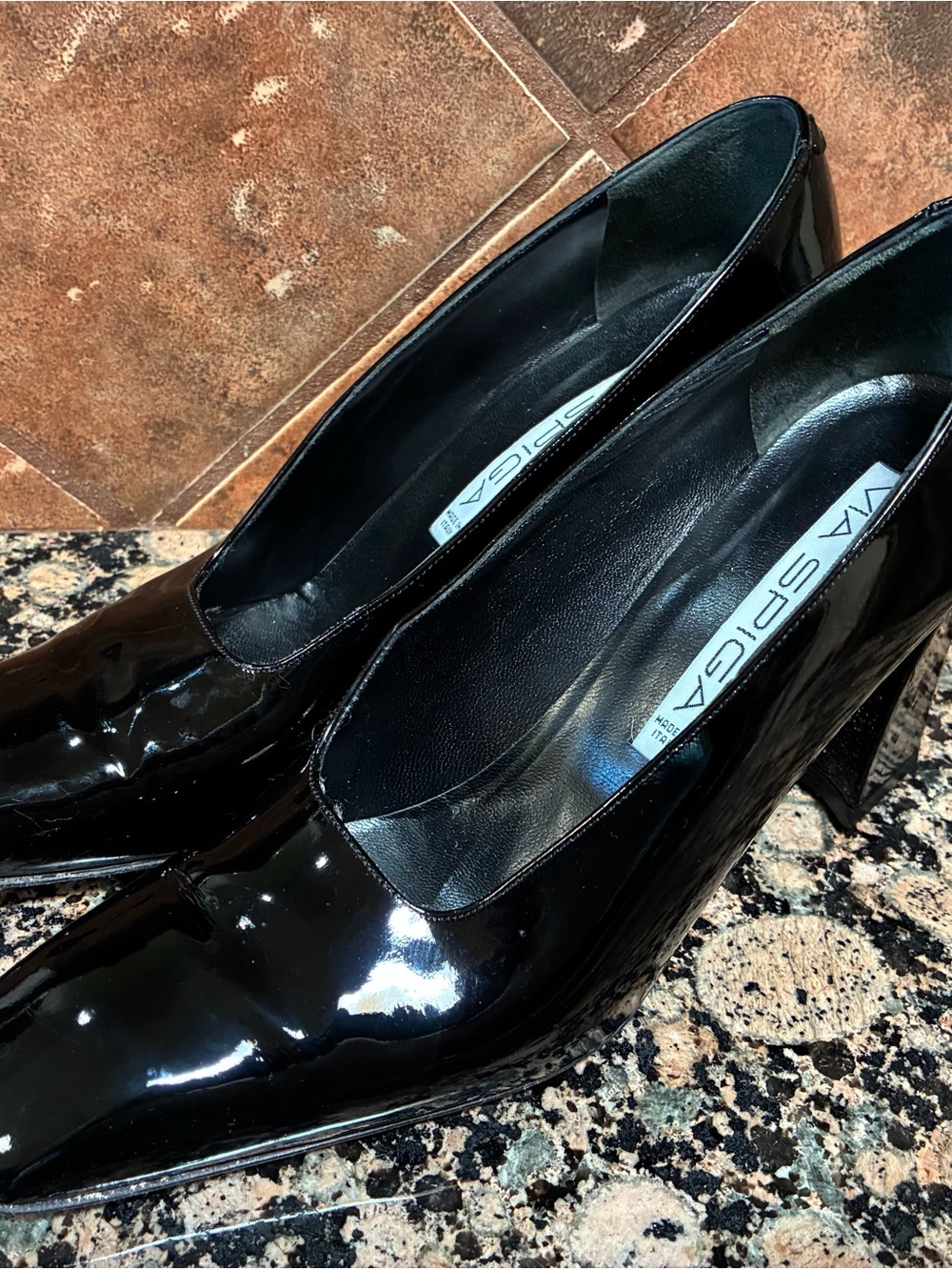 Via Spiga Black Patent Pointed Toe Block Heel Pumps
